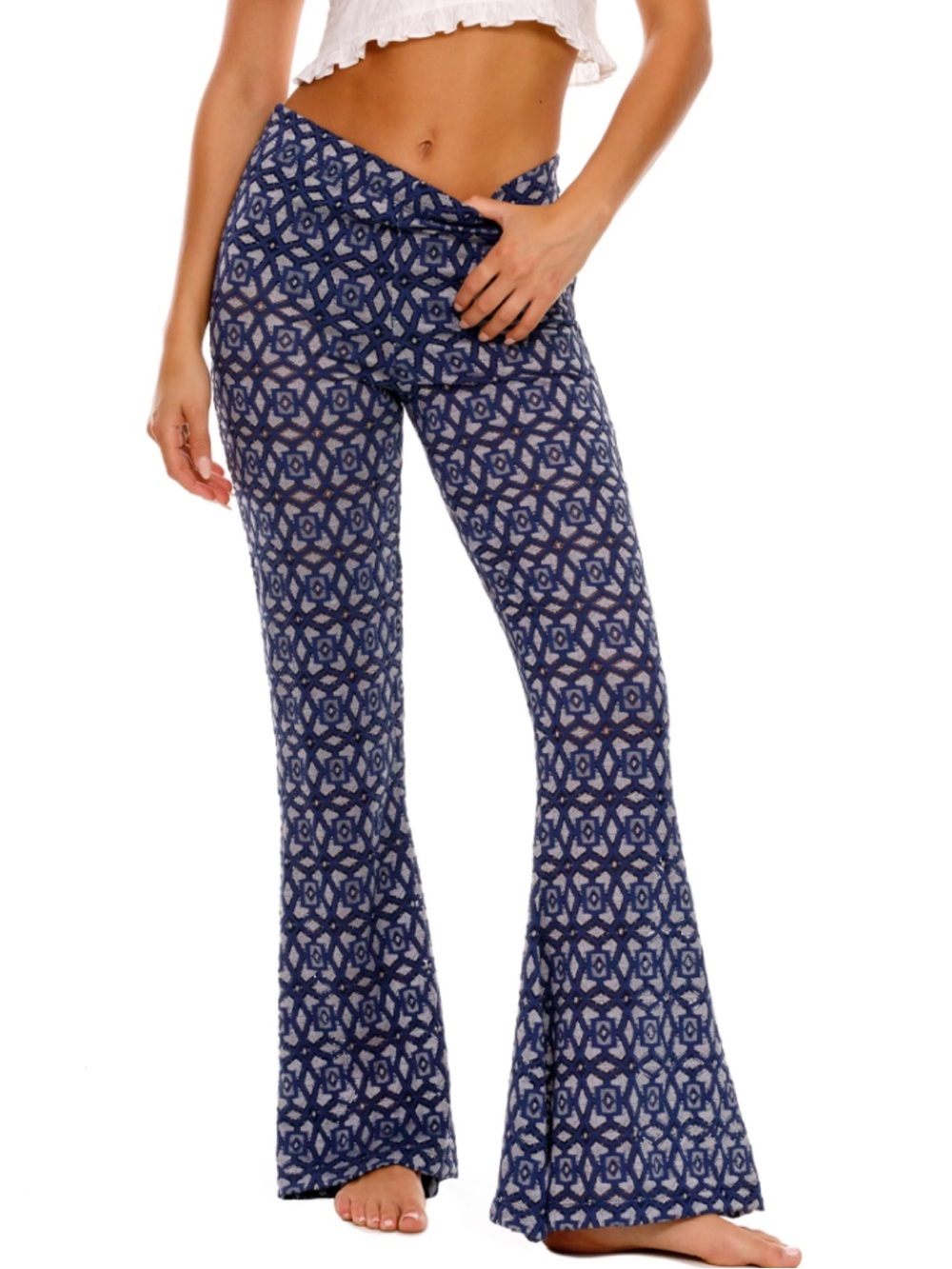 Agua Bendita Sz L Pants Monike Azure Blue Geometric knit Flare Boho Retro 70s 。